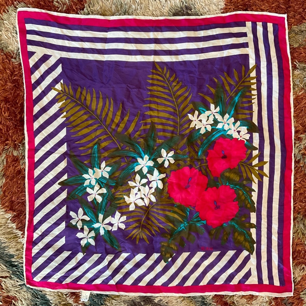 Bill Blass Vintage 100% Silk Scarf Tropical Floral Hibiscus Coastal